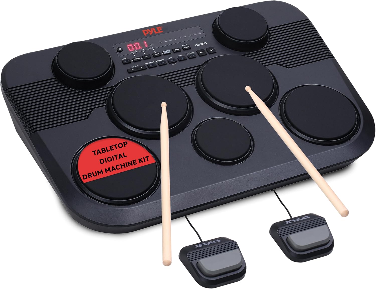 Pyle Electronic Tabletop Digital Drum Set, Compact Portable Drum Pad Kit w/ 7 Touch Sensitive Drum Pads and Pedals, 273 Sounds, USB & Headphone Outputs, MIDI/AUX Inputs, 4x5' Drums & 3x3.5' Cymbals