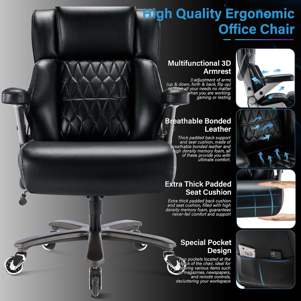 Big and Tall 700lbs Office Chair - Adjustable Lumbar Support 3D Flip Arms Heavy Duty Metal Base&Wheels, High Back Large Executive Computer Desk Chair, Thick Padded Ergonomic Design for Back Pain