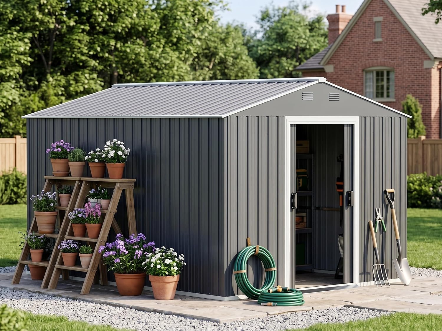 10x8 FT Metal Outdoor Storage Shed, Large Garden Tool Metal Sheds with Sloping Roof and Lockable Door, Outdoor Storage Shed for Backyard Garden Patio Lawn Deck, Grey