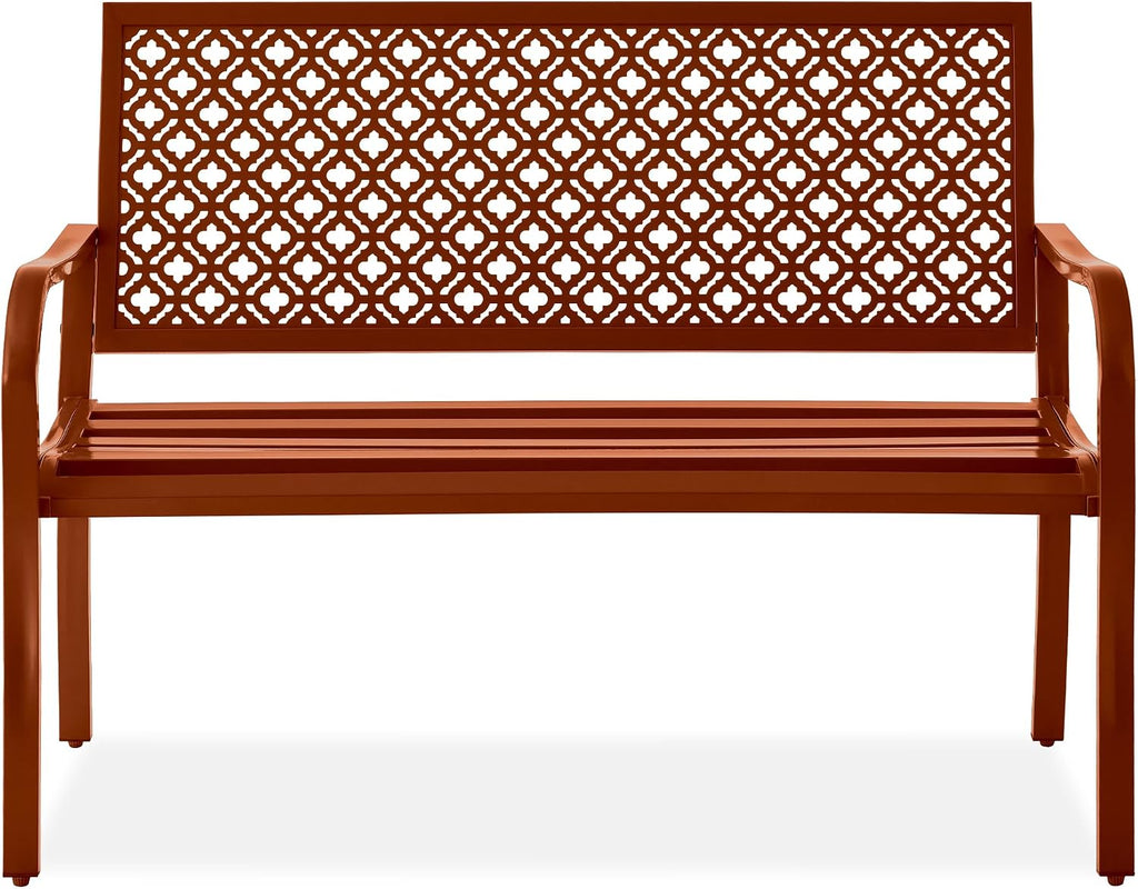 Best Choice Products Outdoor Bench 2-Person Metal Steel Benches Furniture for Garden, Patio, Porch, Entryway w/Geometric Backrest, 790lb Capacity - Rust