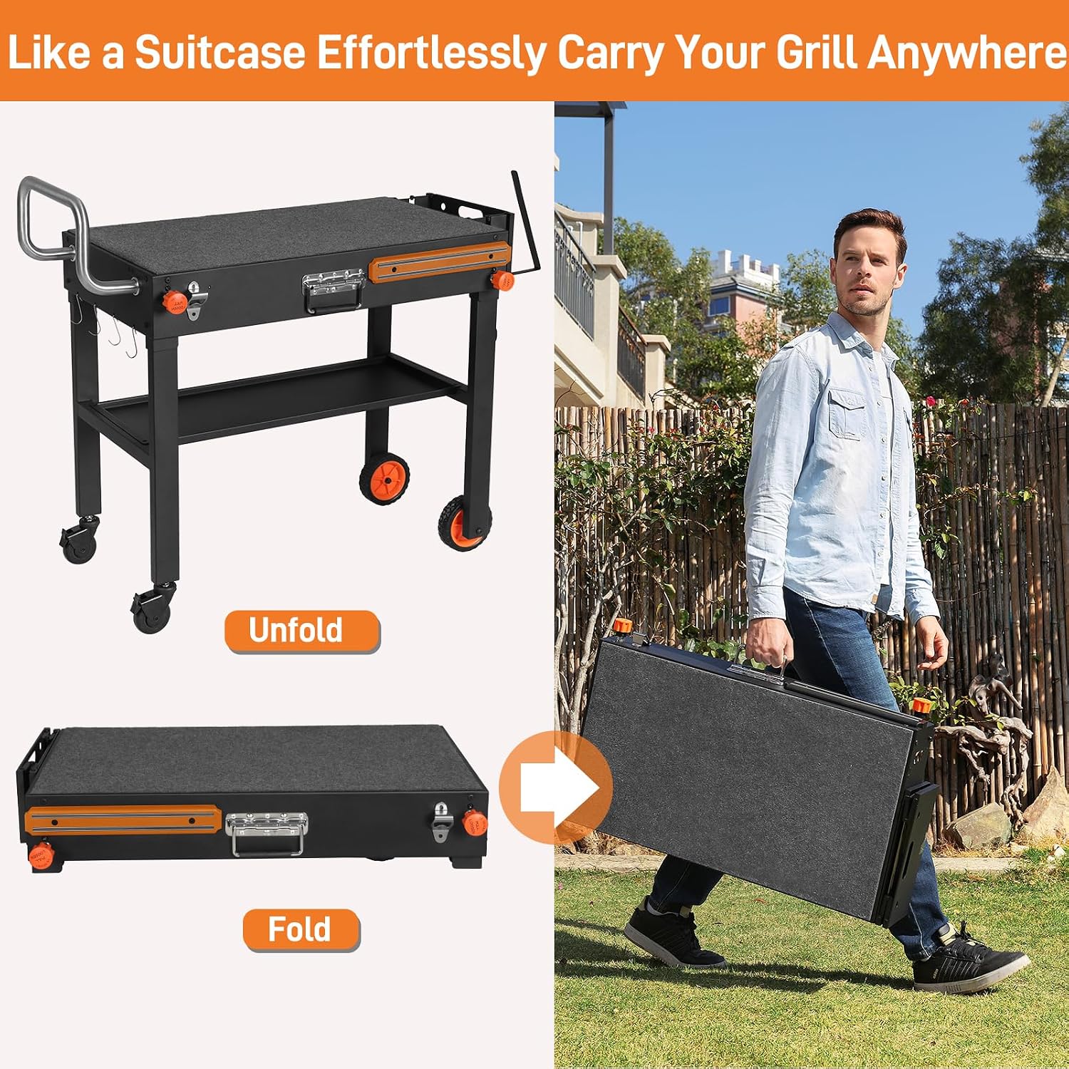Rolling Grill Cart with Spice Rack, Blackstone Stand for 17'& 22' Griddle, Grill Stand with Storage Shelf, Griddle Table for Ninja, Weber, Portable Grills Table for Patio, Backyard, Camping