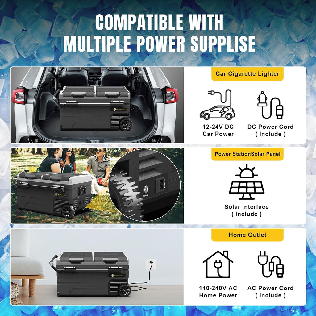 YELLOW JACKET Car Refrigerator 76 Quart Portable Freezer Cooler with Wheels Dual Zone Independent Control 12Volt Car Fridge for Outdoor Camping Travel,12/24V DC 110~240 V AC Refrigerator for Home,RV