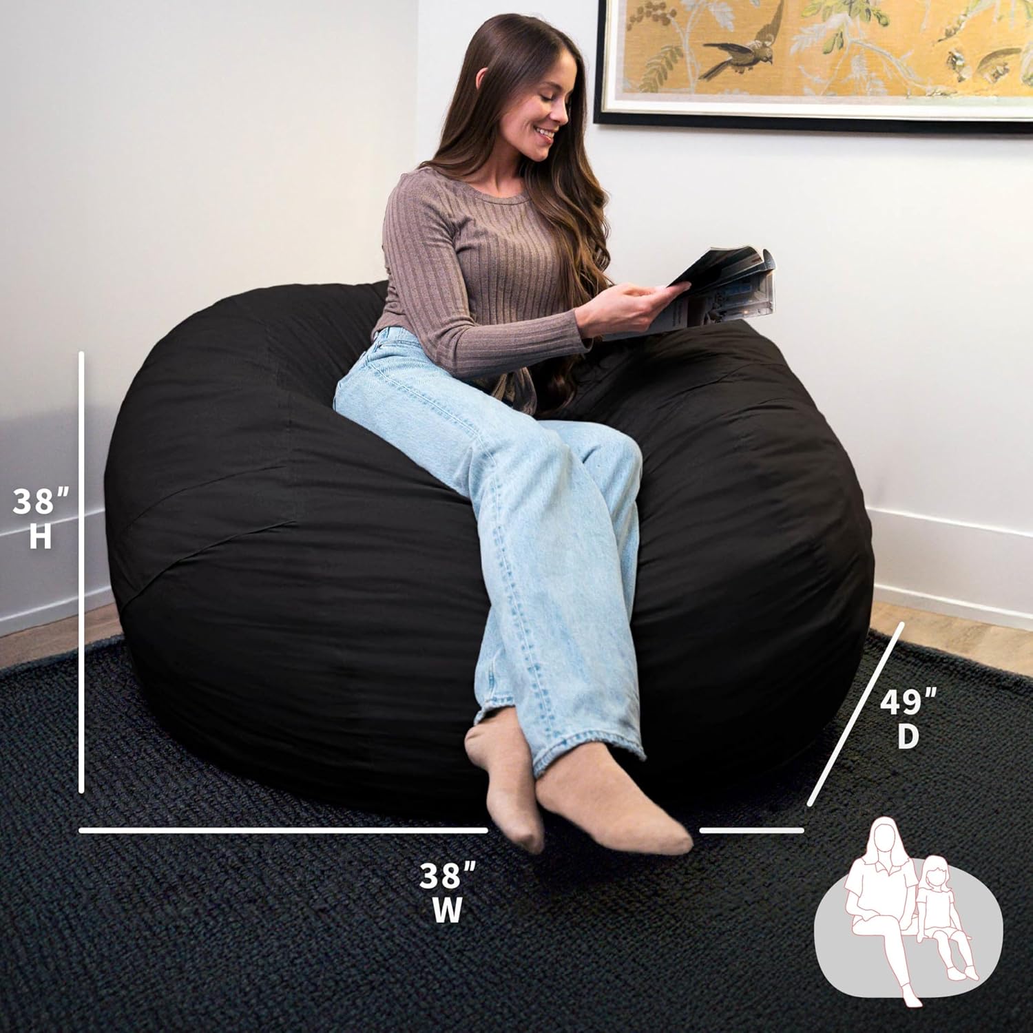Big Joe Fuf 5Ft Oversized Foam Bean Bag Chair with Removable Cover for Kids, Teens, Adults, Onyx Lenox, Durable Woven Polyester, 5 foot Large Reading and Gaming Seat