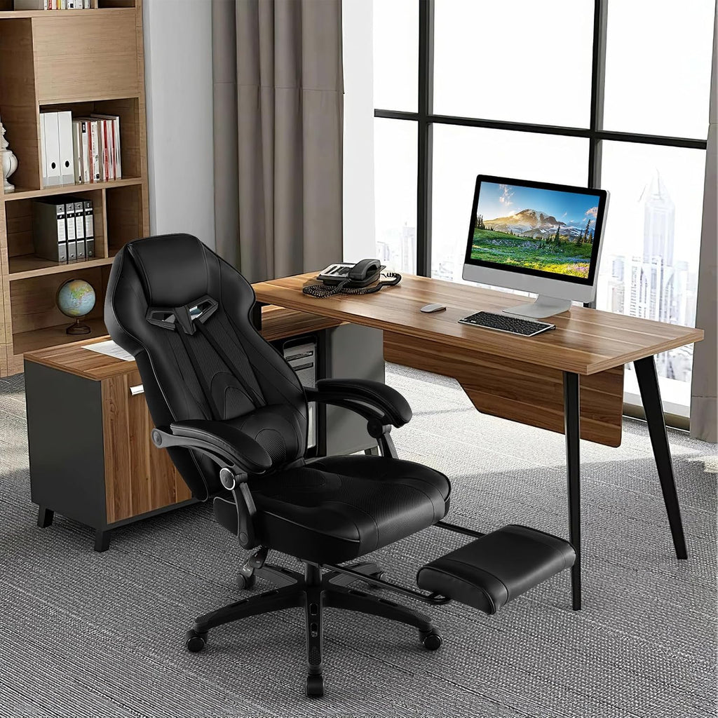 Giantex Gaming Chair with Footrest for Adults, Reclining Video Game Chair w/Lumbar Support, Racing Style Ergonomic Office Computer Chair, Height Adjustable Swivel Gamer Chair for Gaming (Black)
