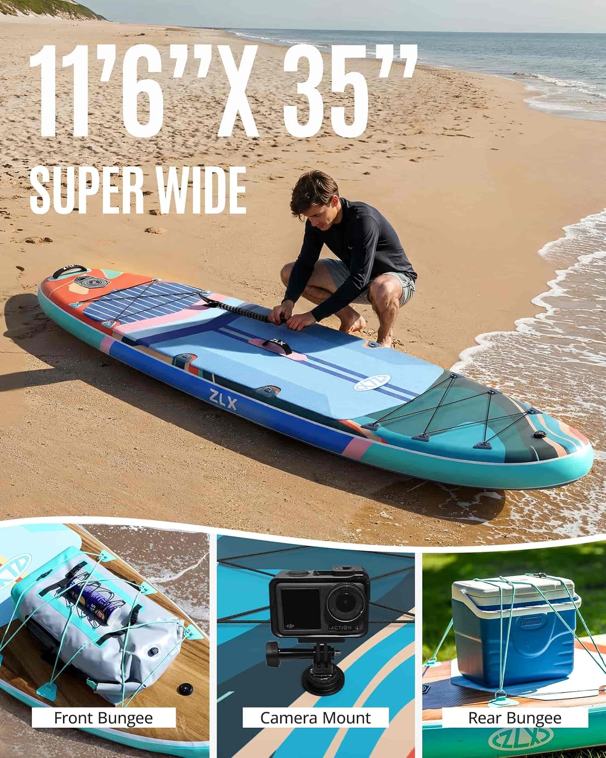 ZLX 11'6'x35' Ultra Wide Inflatable Stand Up Paddle Board | Stable Non-Slip Deck Pad, Unique Fin System, Premium SUP Accessories & Backpack - Upgraded Pump for Adults, All Skill Levels