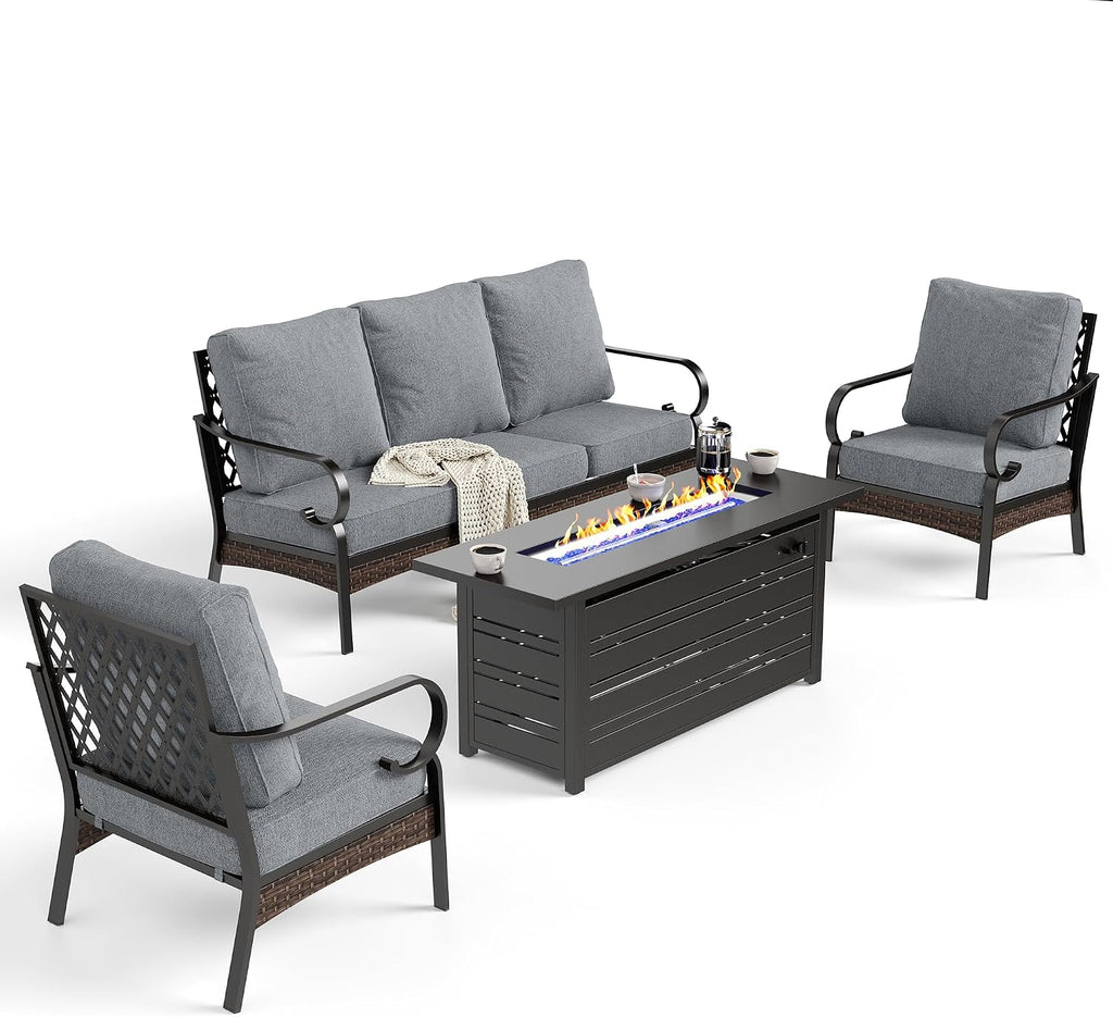 SUNSHINE VALLEY 4 Piece Black Metal Outdoor Patio Furniture Sets with Firepit Table, Patio Conversation Sets 1 3-Seater Sofa, 2 Single Sofa with 5.75' Thick Cushion Backyard Furniture for Deck, Gray