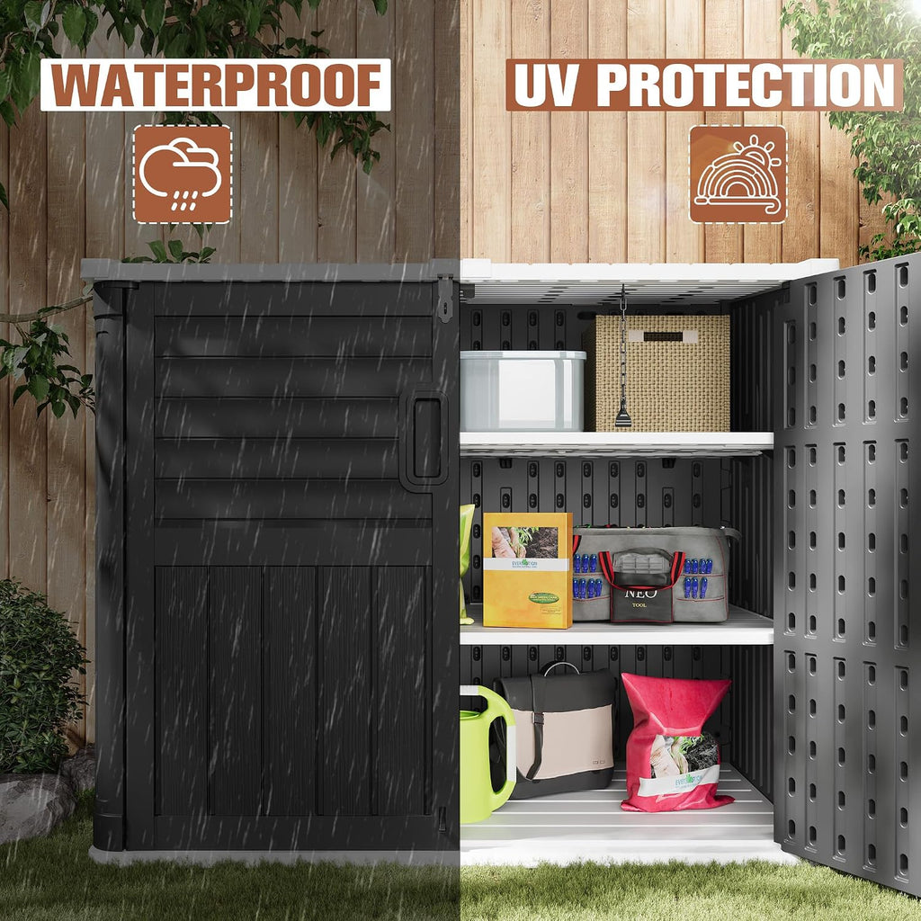 TUOZE 34 Cu Ft Resin Storage Shed with 2 Shelves, Waterproof Outdoor Storage Cabinet with Sloping Roof & Lockable Lid for Garden Tools, Trash Cans (Black)
