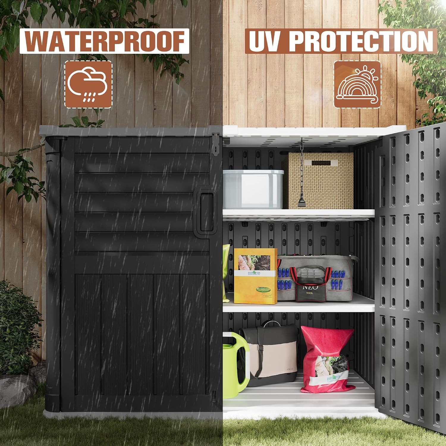 TUOZE 34 Cu Ft Resin Storage Shed with 2 Shelves, Waterproof Outdoor Storage Cabinet with Sloping Roof & Lockable Lid for Garden Tools, Trash Cans (Black)