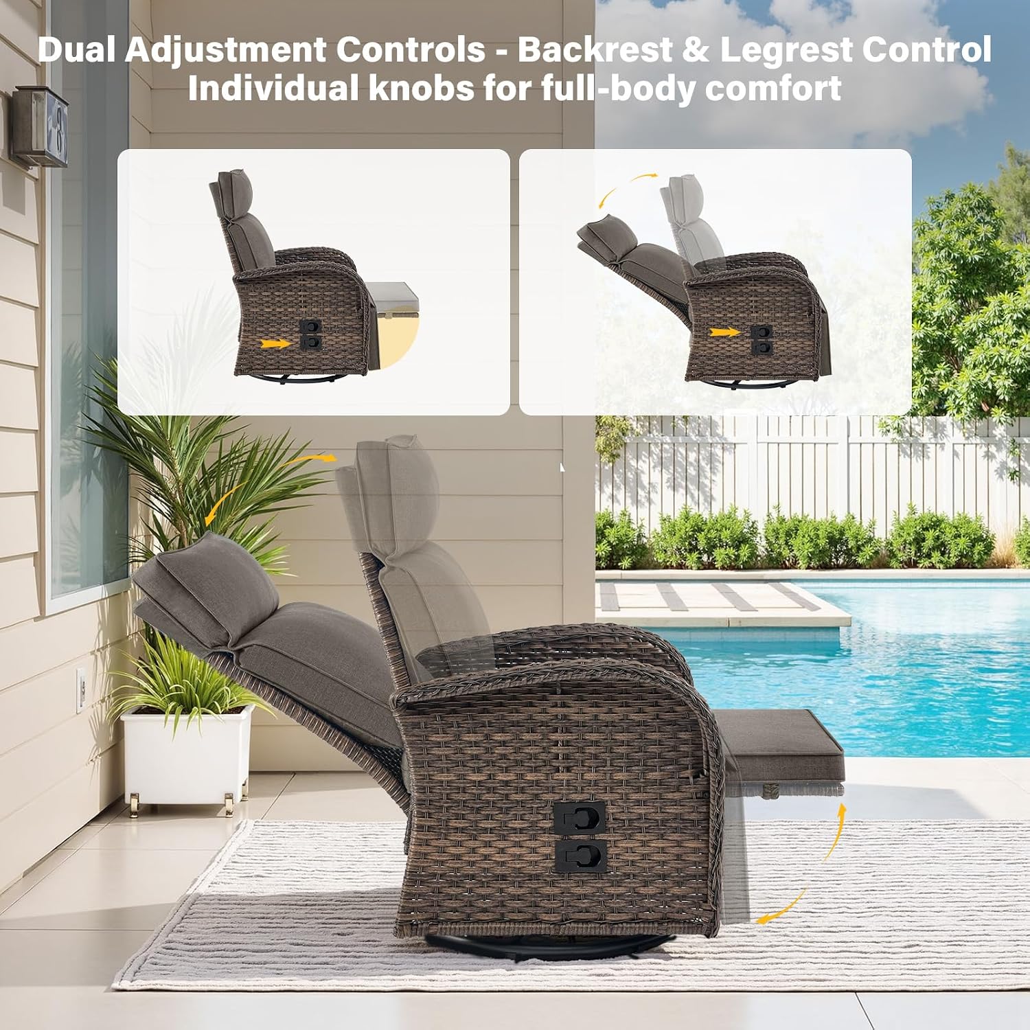 Belord Dual-Adjust Outdoor Swivel Recliner Chair – Wicker Reclining Patio Chair with Adjustable Backrest and Footrest, All-Weather Wicker Chaise Lounge Chair Outdoor for Pool Deck (2.0)