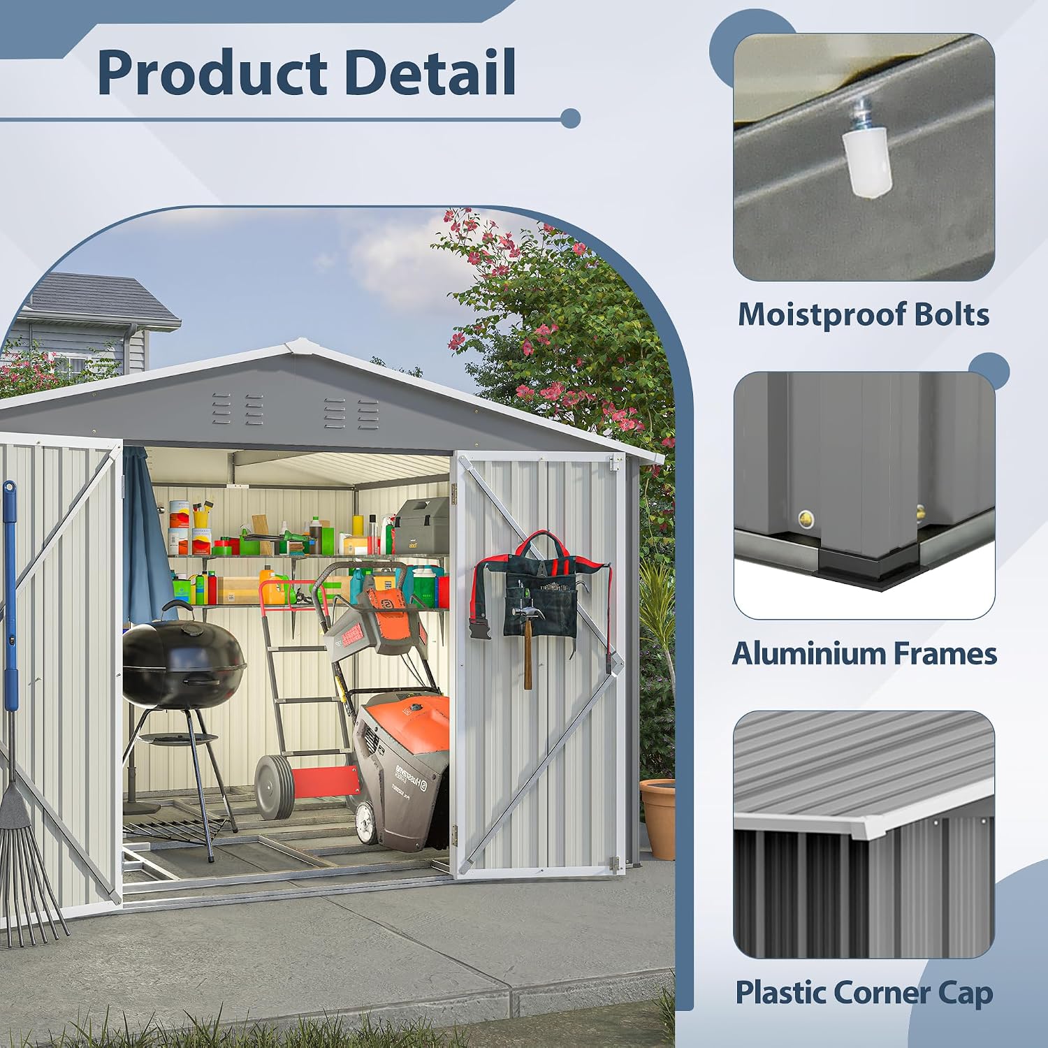 8x10 FT Outdoor Storage Shed, Metal Garden Shed with Frame Floor, Outside Tool Shed with Lockable Hinged Doors, Waterproof Storage Building with Sloped Roof for Backyard, Patio, Lawn, Gray