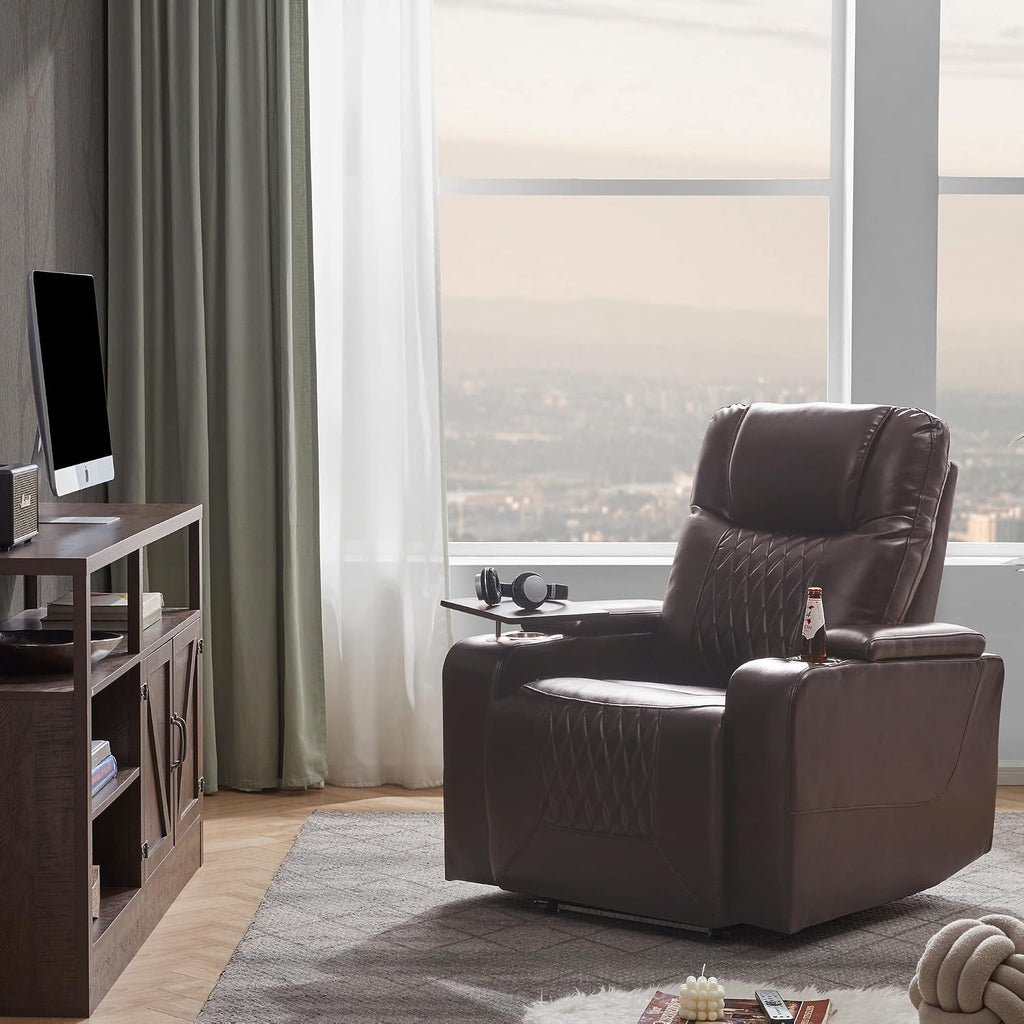 Merax Electric Recliner Chair with USB Charge Port, 360 Swivel Tray Table, Hand in-Arm Storage, and Cup Holders, Ambient Lighting - Ambient Lighting Gaming Recliner Chair Home Theater Seating (Brown)