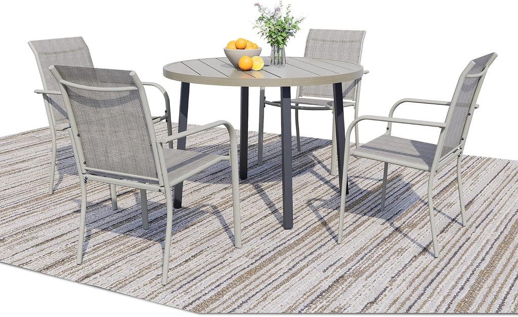5 Pieces Patio Dining Set for 4, Grey Patio Stackable Chairs and Honey Oak Round Table Set of 4, Outdoor Furniture Set with Sling Support for Outside, Garden