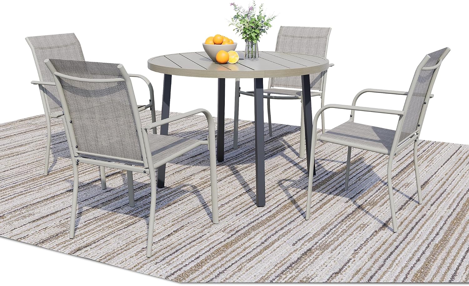 5 Pieces Patio Dining Set for 4, Grey Patio Stackable Chairs and Honey Oak Round Table Set of 4, Outdoor Furniture Set with Sling Support for Outside, Garden