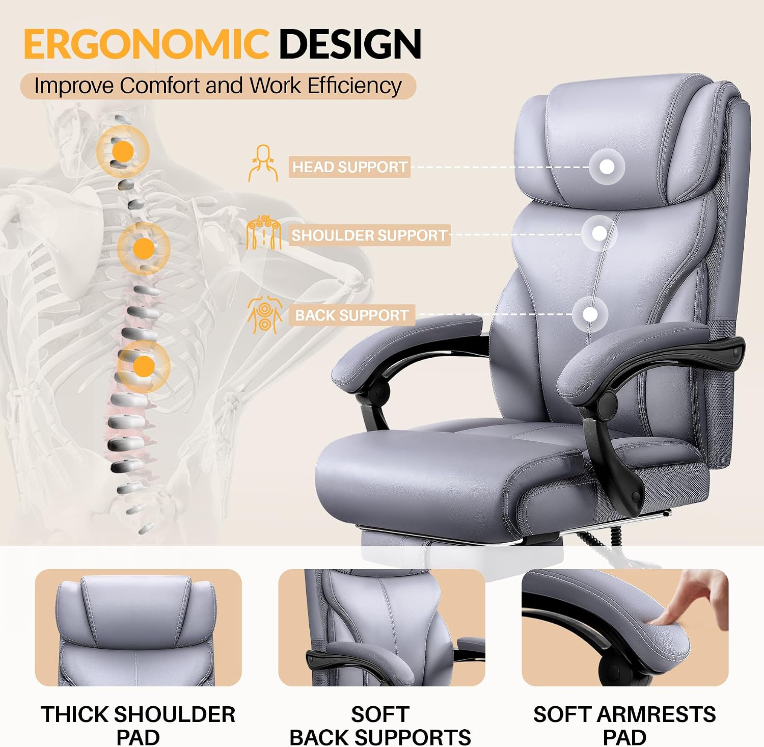 HeroSet Big and Tall Office Chair with Foot Rest, 400lbs Ergonomic Reclining High Back Executive Leather Chair, Lumbar Support Swivel Computer Desk Chairs for Heavy People Home Office Gaming(Gray)