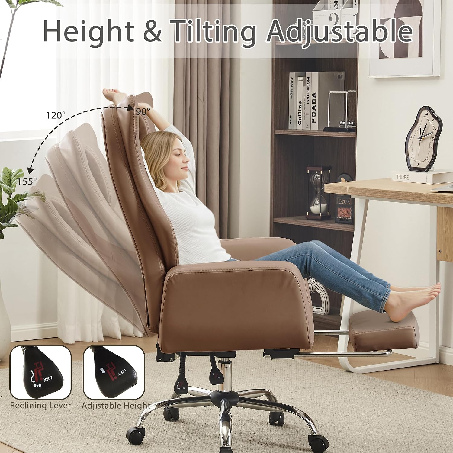 Ergonomic Cross Legged Office Chair with Footrest,Leather Big and Tall Executive Chair with Wheels,Reversible Armrest and Lumbar Pillow,155° Reclining Computer Wide Desk Chair for Home,Office (Brown)