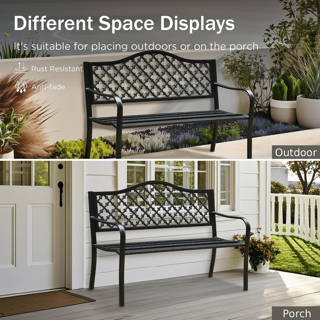 PHI VILLA 50' Outdoor Garden Patio Metal Bench for Outdoors with Plastic Backrest Armrests Sturdy Steel Frame, Black