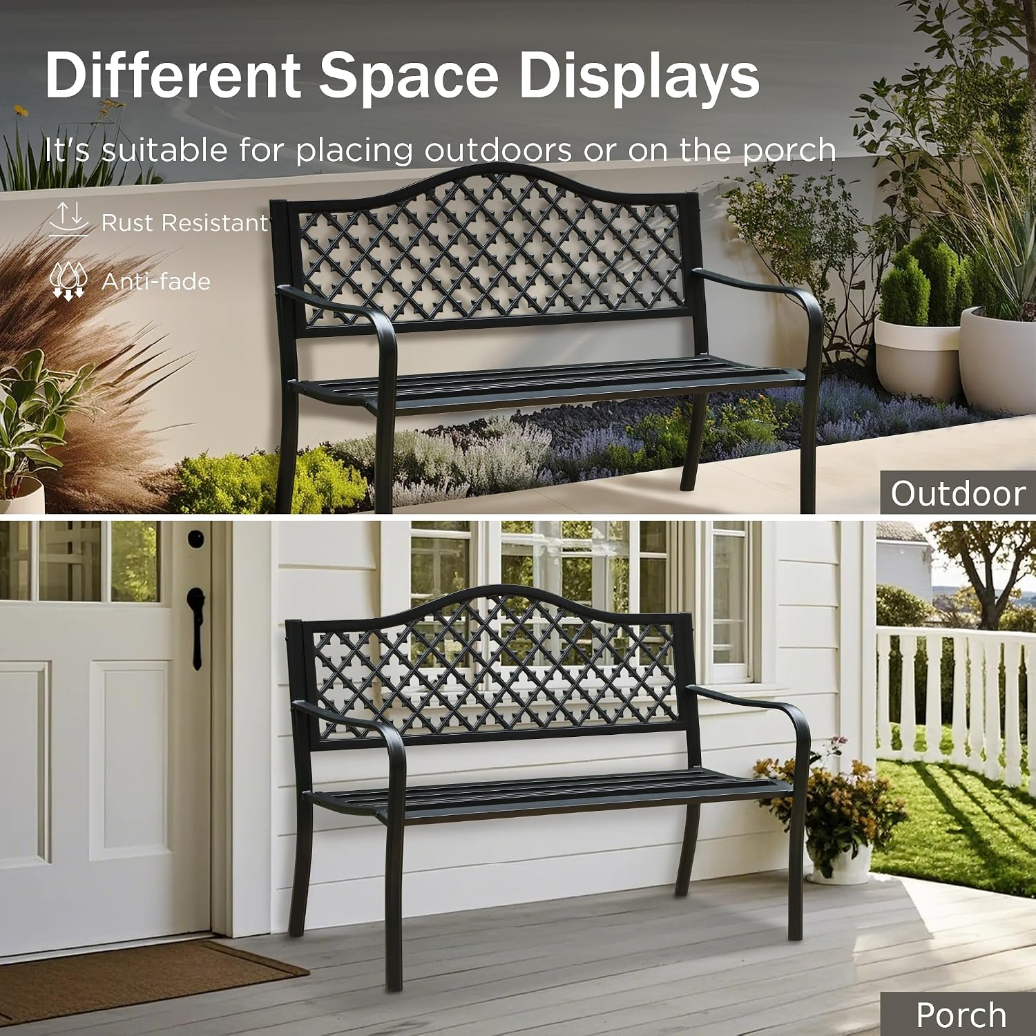 PHI VILLA 50' Outdoor Garden Patio Metal Bench for Outdoors with Plastic Backrest Armrests Sturdy Steel Frame, Black