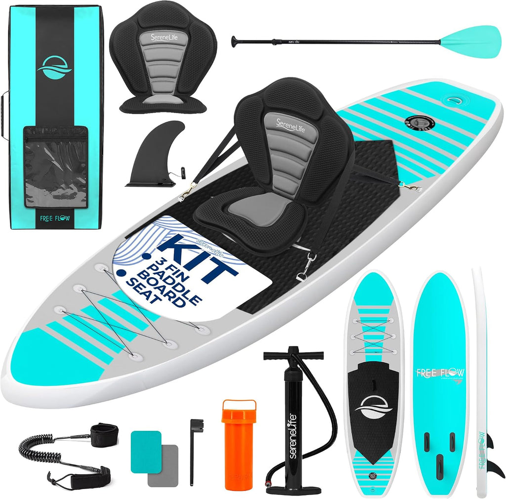 SereneLife Inflatable Stand Up Paddle Board and Detachable Seat - SUP Paddleboard Set for Adults and Youth, 32' Wide Design with Non-Slip EVA Deck Pad and Marine-Grade Materials, 350 lbs Capacity