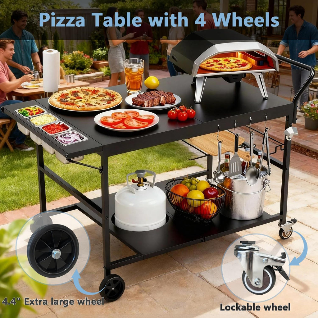 47' Outdoor Pizza Oven Table with Wheels, Pizza Oven Cart for Outside with Propane Tank Holder, Heavy Duty Pizza Oven Stand Prep Table for BBQ Patio Backyard Cooking