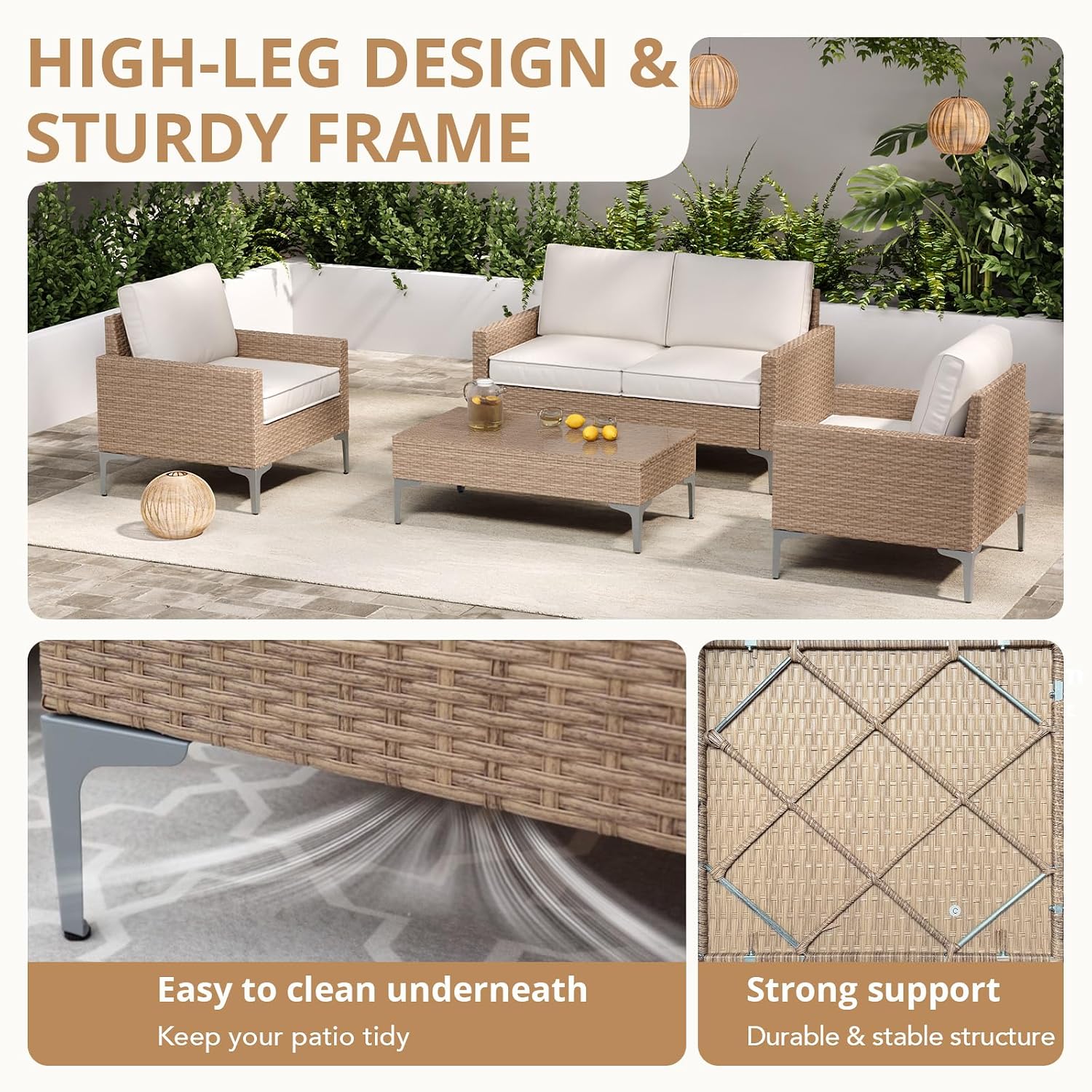 2-Piece Outdoor Single Chairs, All-Weather Wicker Patio Sofa Set with Cushions for Garden, Poolside, Porch, Beige