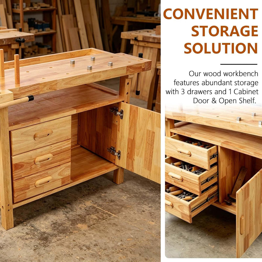 55' Rubber Wood Workbench, Heavy Duty Work Bench with Drawer& Shelf, Work Bench Table for Garage, Workshop, Home Storage, Woodworking Bench, 330 lbs Weight Capacity (50')
