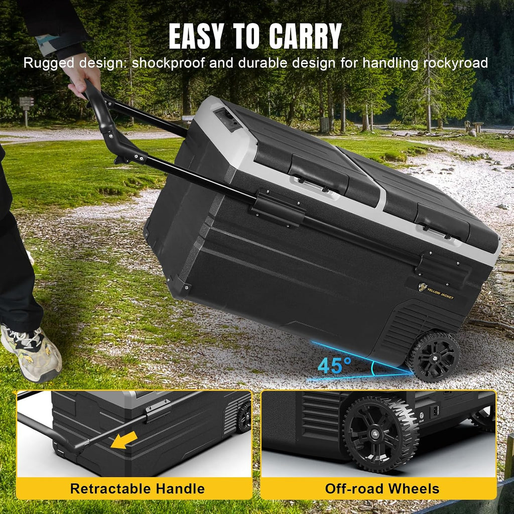 YELLOW JACKET Car Refrigerator 76 Quart Portable Freezer Cooler with Wheels Dual Zone Independent Control 12Volt Car Fridge for Outdoor Camping Travel,12/24V DC 110~240 V AC Refrigerator for Home,RV