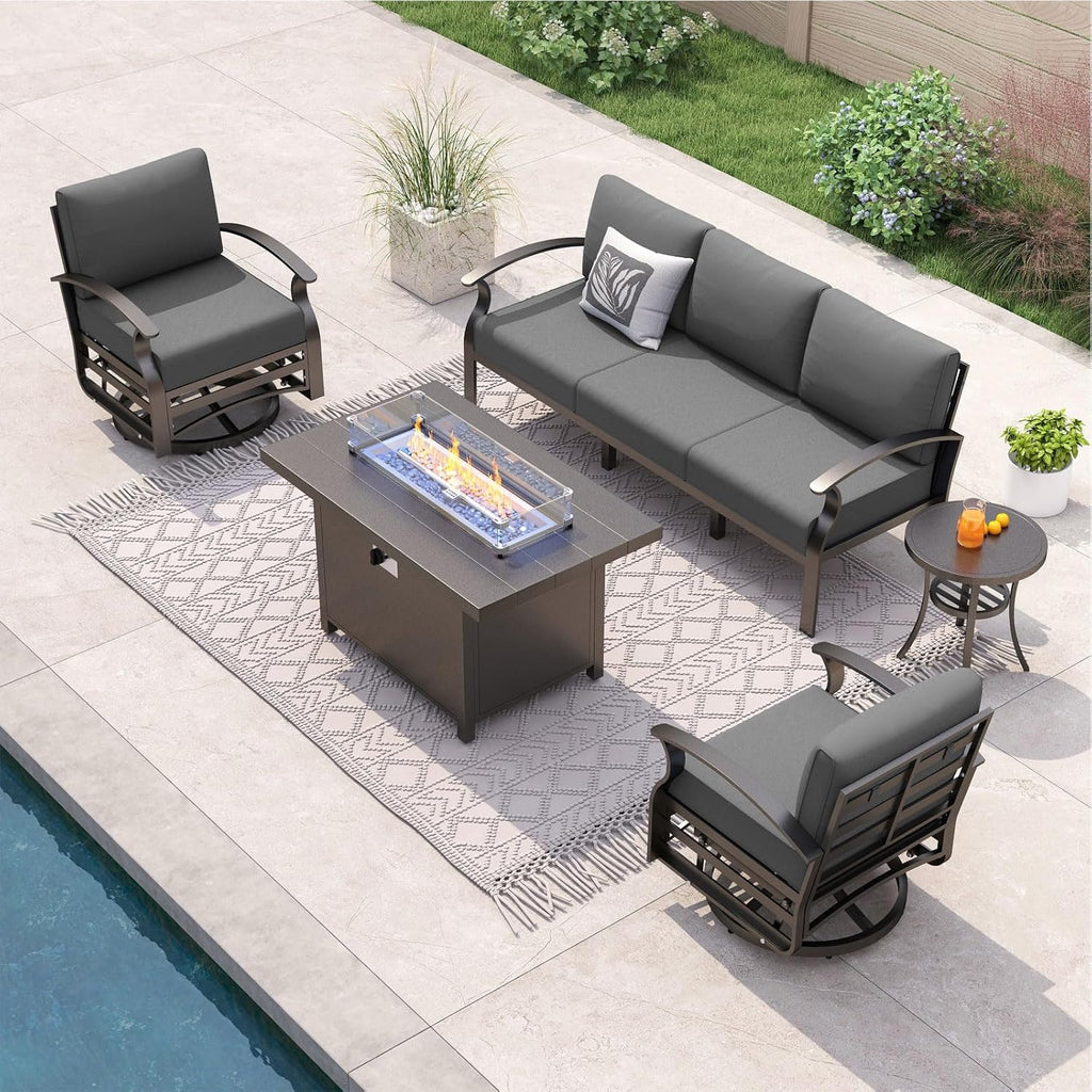 ALAULM Aluminum Patio Furniture Set with Propane Fire Pit Table 5-seat Metal Outdoor Furniture w/Fire Pit Patio Sectional Sofas w/5.1' Cushions for Patio, Backyard, Poolside-Grey