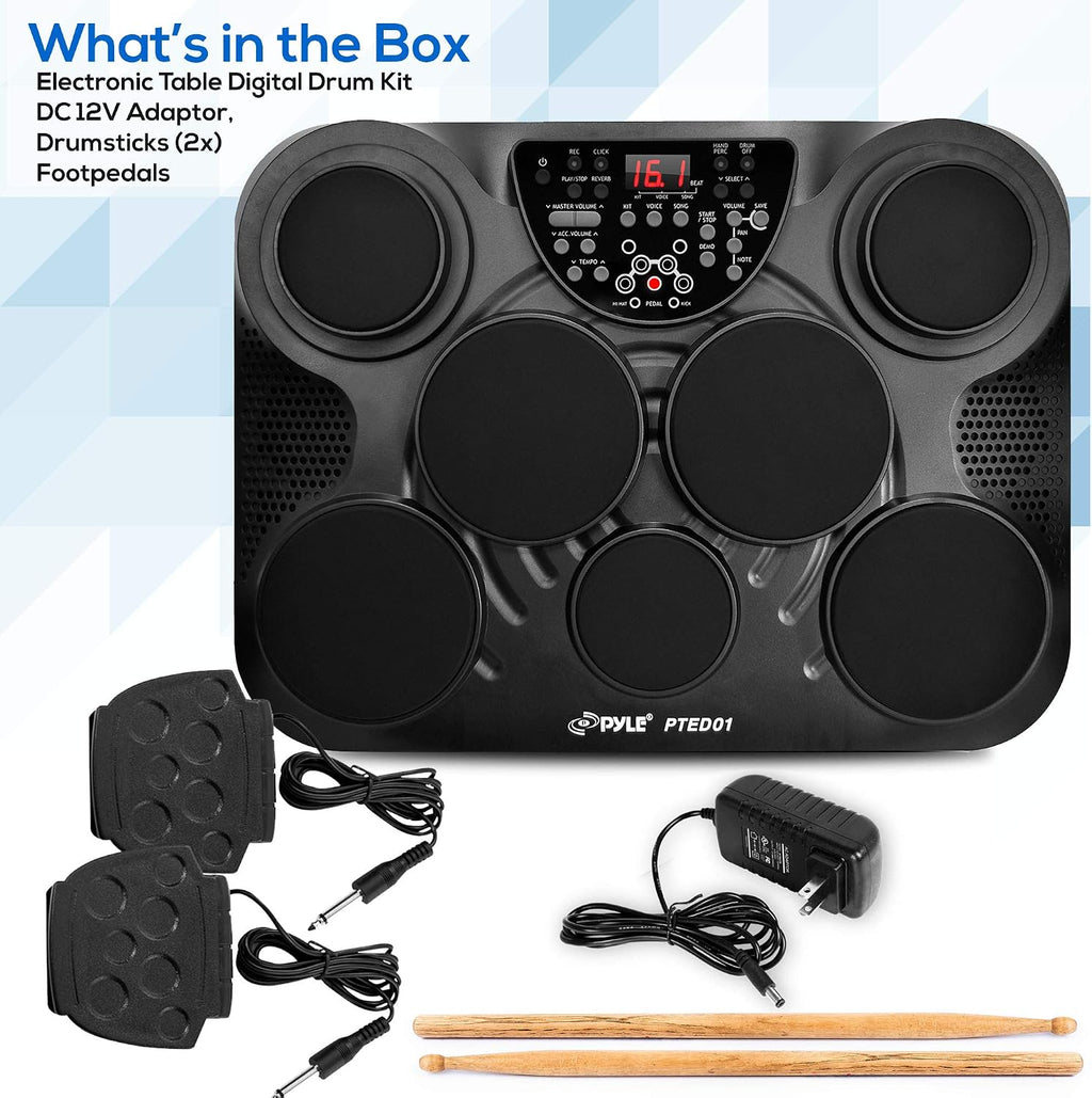 Pyle Electronic Tabletop Digital Drum Set, Compact Portable Drum Pad Kit w/ 8 Touch Sensitive Pads and Pedals, 600 Sounds, USB & Headphone Outputs, MIDI/AUX Inputs, 4x5' Drums & 4x3.5' Cymbals
