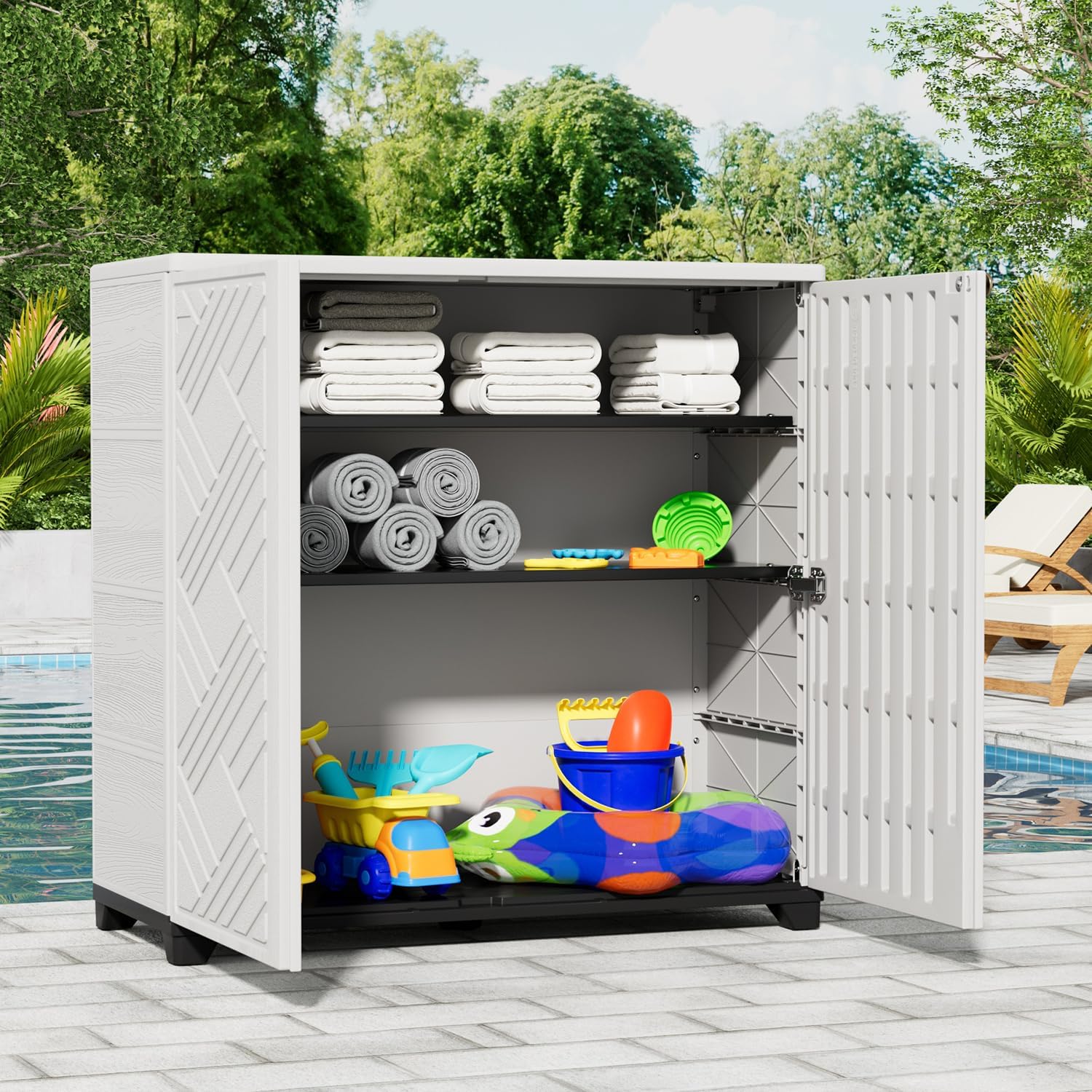 KINYING Outdoor Storage Cabinet Waterproof with 2 Shelves, 60 Gallon Resin Storage Shed for Patio/Garden/Backyard, Outdoor Storage Box for Cushions,Garden Tools and Pool Supplies,White