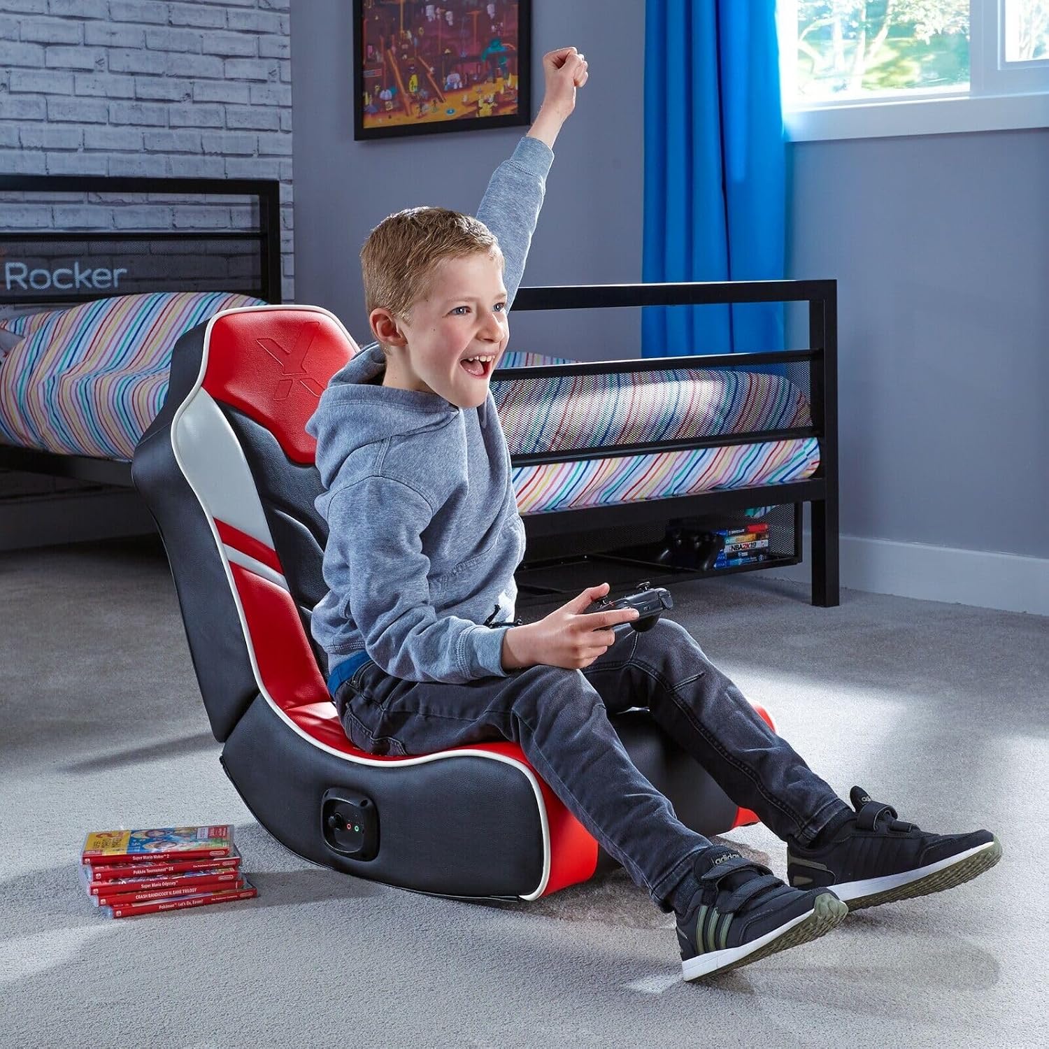X-Rocker Shadow Gaming Chair for Kids and Juniors, 2.0 Audio Floor Rocker, Low Folding Rocking Seat with 2 Stereo Sound Speakers, Padded Foam Gaming Seat for Children for XBOX, PS4, PS5, Switch - RED