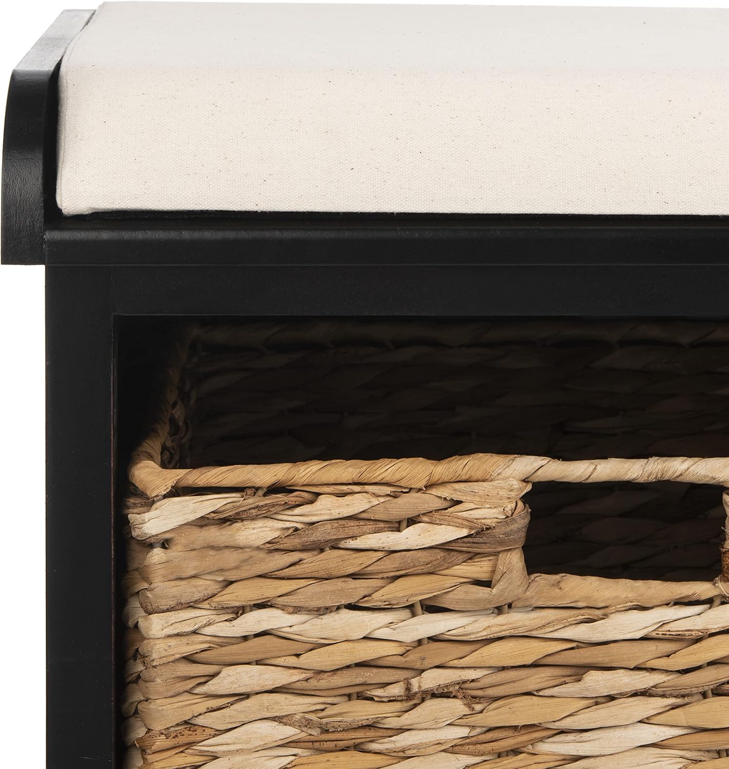 SAFAVIEH Home Collection – Freddy Black Storage Bench with Wicker Baskets & Cushion, Entryway Seating Bench, Fully Assembled (AMH5736B)
