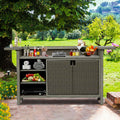 Domi Outdoor Kitchen Bar, Hand-Made Wicker Freestanding Island Home Bar Unit w/Storage Cabinets, Adjustable Shelves, Umbrella Hole, Premium Aluminum Frame, for Patio, Kitchen