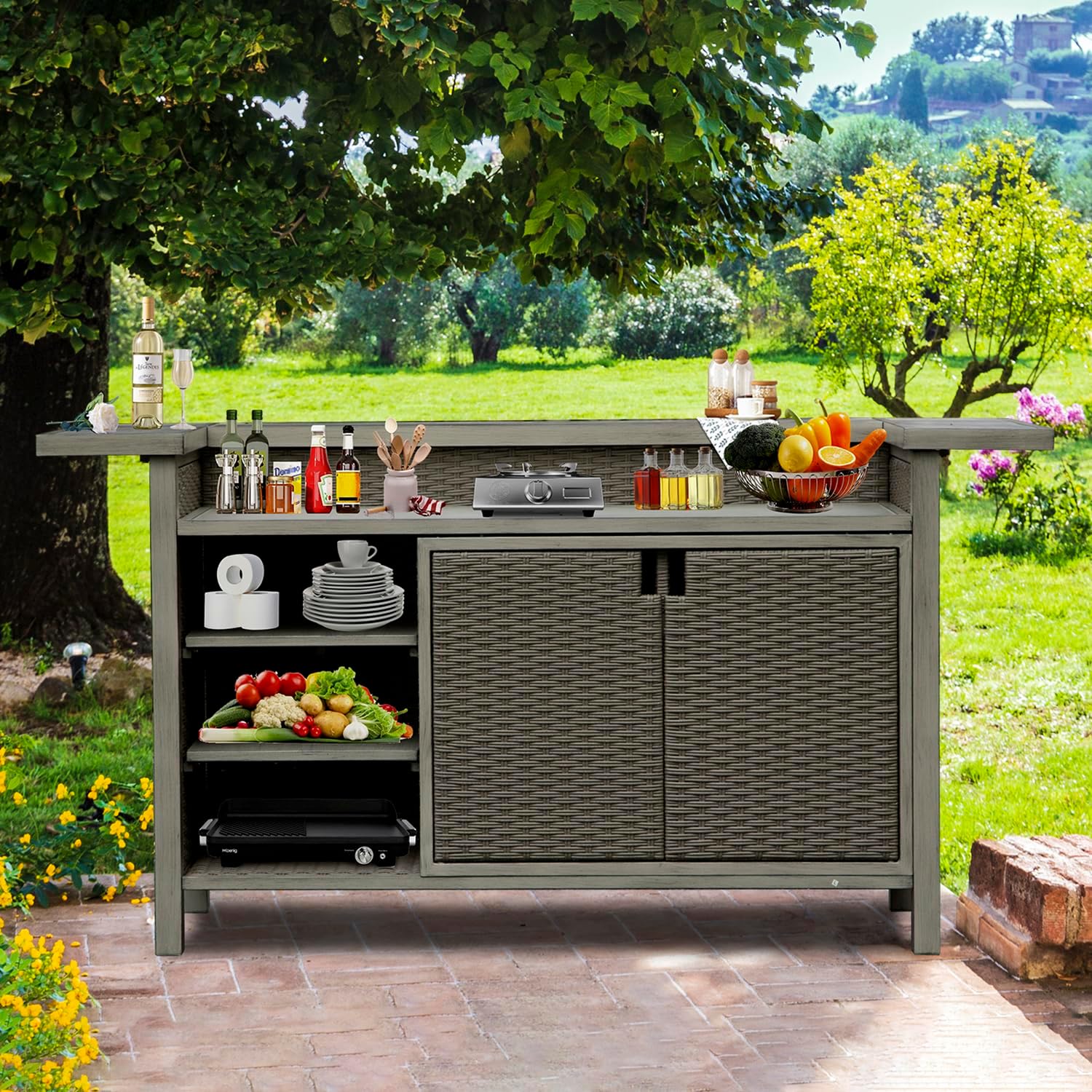 Domi Outdoor Kitchen Bar, Hand-Made Wicker Freestanding Island Home Bar Unit w/Storage Cabinets, Adjustable Shelves, Umbrella Hole, Premium Aluminum Frame, for Patio, Kitchen