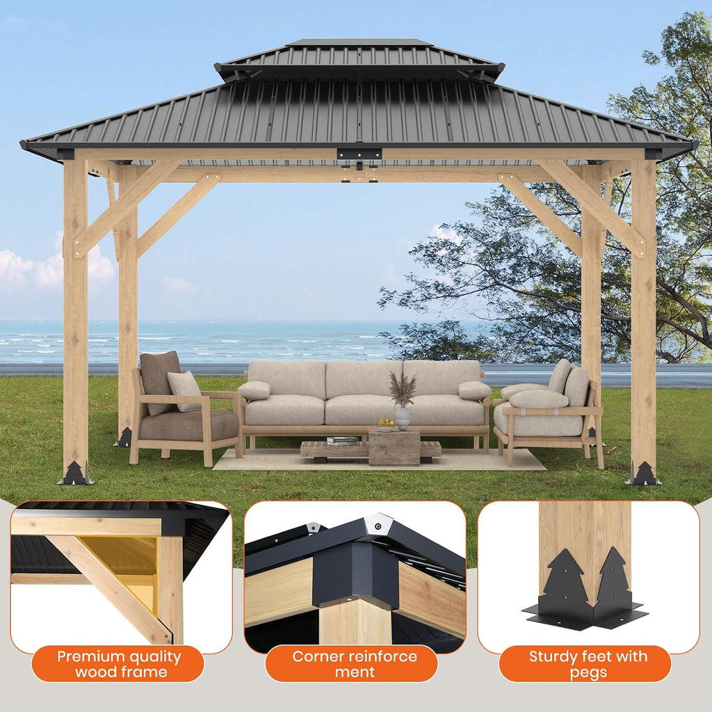 Outdoor Wooden Gazebo - Outdoor Patio Gazebo with Galvanized Steel Double Roof, Cedar Wooden Frame Pavilion, Pergolas for Garden, Lawn, Poolside (10X12FT)