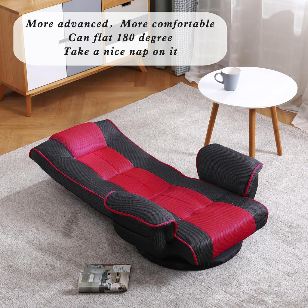 360 Degree Swivel Floor Chairs for Adults, Gaming Floor Chair with Back Support, 14 Angles Adjustable Comfortable Floor Lounge Chair Folding Video Game Chairs Office Bedroom 201(Black+Red)