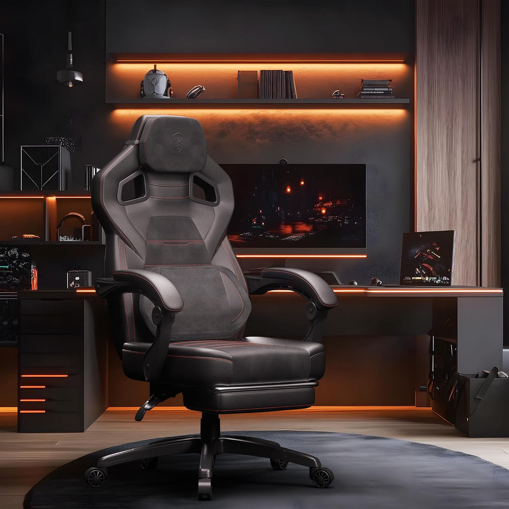 Dowinx Gaming Chair Big and Tall, PU Leather Ergonomic Gaming Chairs with Footrest,Wide Back Gamer Chair for Heavy People, Black