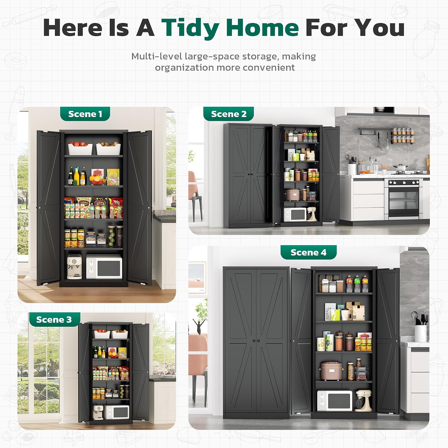 Greenvelly 63' H Black Farmhouse Metal Pantry Cabinet, Kitchen Pantry Storage Cabinets with 2 Doors and Adjustable Shelves, Kitchen Pantry Cabinets for Home, Garage and Bedroom
