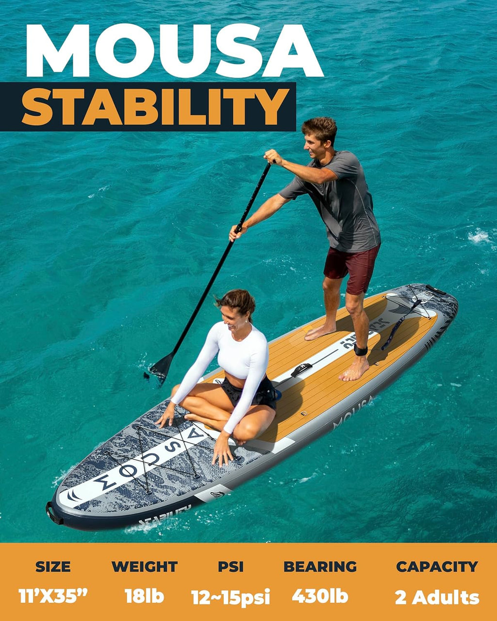 MOUSA 10'8/11'×35' Extra Wide Inflatable Stand Up Paddle Board, Stable Paddleboard SUP for 2 People/Family, Anti-Slip Full EVA Deck, 3 Handles, 100L Backpack, All-Round Sup Board, Big Fin