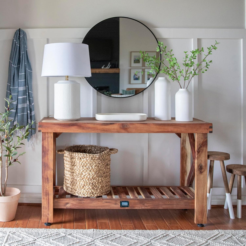 Backyard Discovery 48' Acacia Wood Farmhouse Narrow Console Table with Lower Slat Storage Shelf, Water-Resistant Design for Patio, Deck, Entryway, Living Room, Sofa Table, Indoor or Outdoor Use