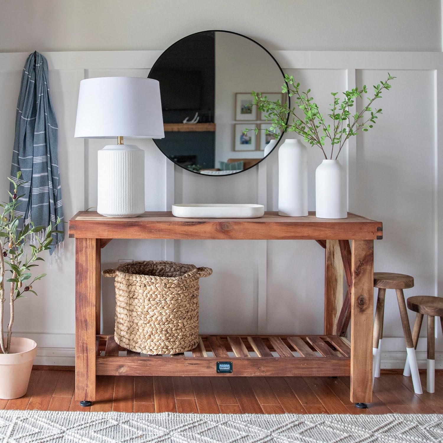 Backyard Discovery 48' Acacia Wood Farmhouse Narrow Console Table with Lower Slat Storage Shelf, Water-Resistant Design for Patio, Deck, Entryway, Living Room, Sofa Table, Indoor or Outdoor Use