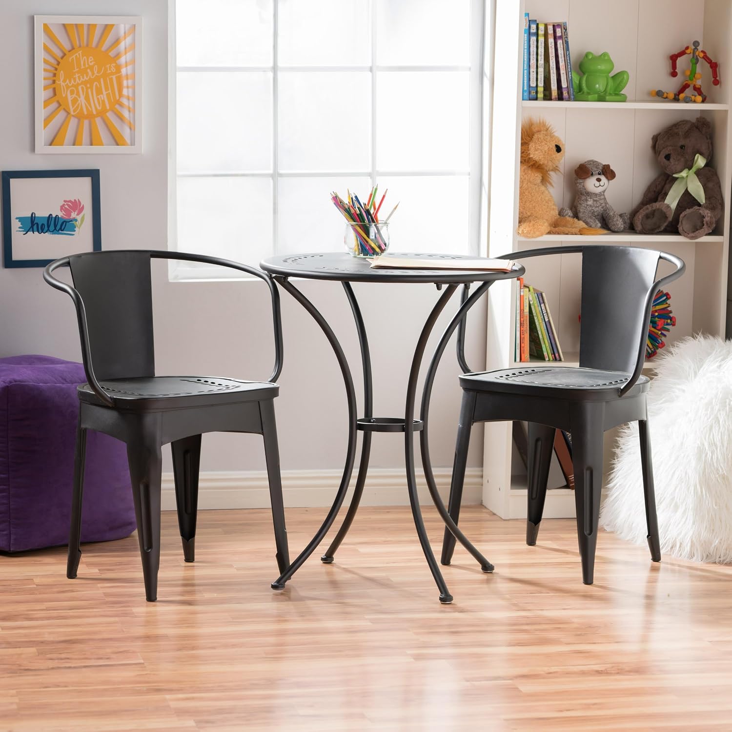 Merax 3 Pieces Bistro Set Iron Retro Bistro Table and Chairs Set of 2 Outdoor Dining Table Set for 2, Round Tabletop, All-Weather for Porch Patio Balcony Lawn Garden (Black)