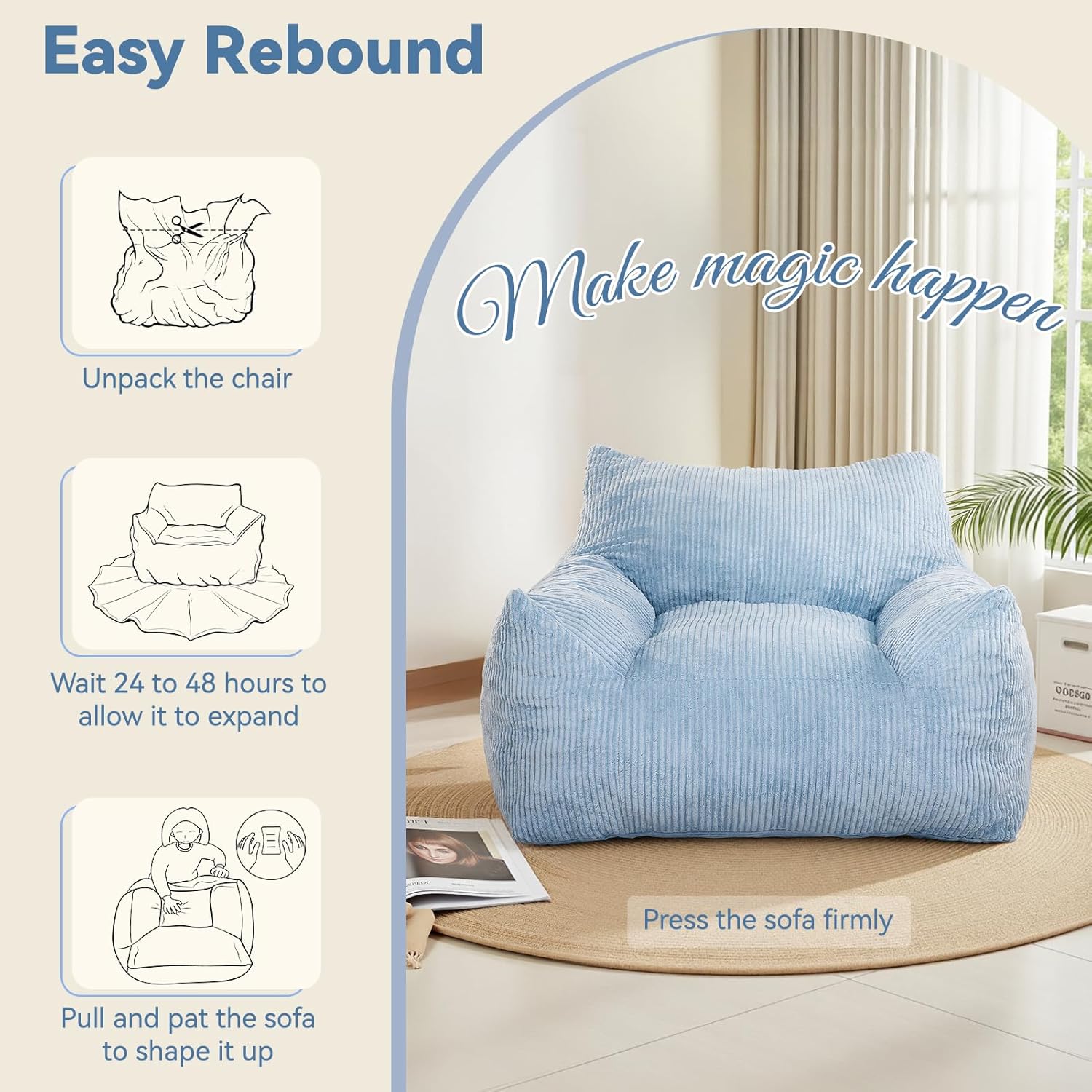 INMOZATA Bean Bag Chair with Ottoman, Cloud Boneless Couch - Oversized Memory Foam Beanbag Set for Adults & Teens, 3FT Plush Corduroy Comfy Lounge Sofa for Bedroom, Dorm & Reading Nook (Light Blue)