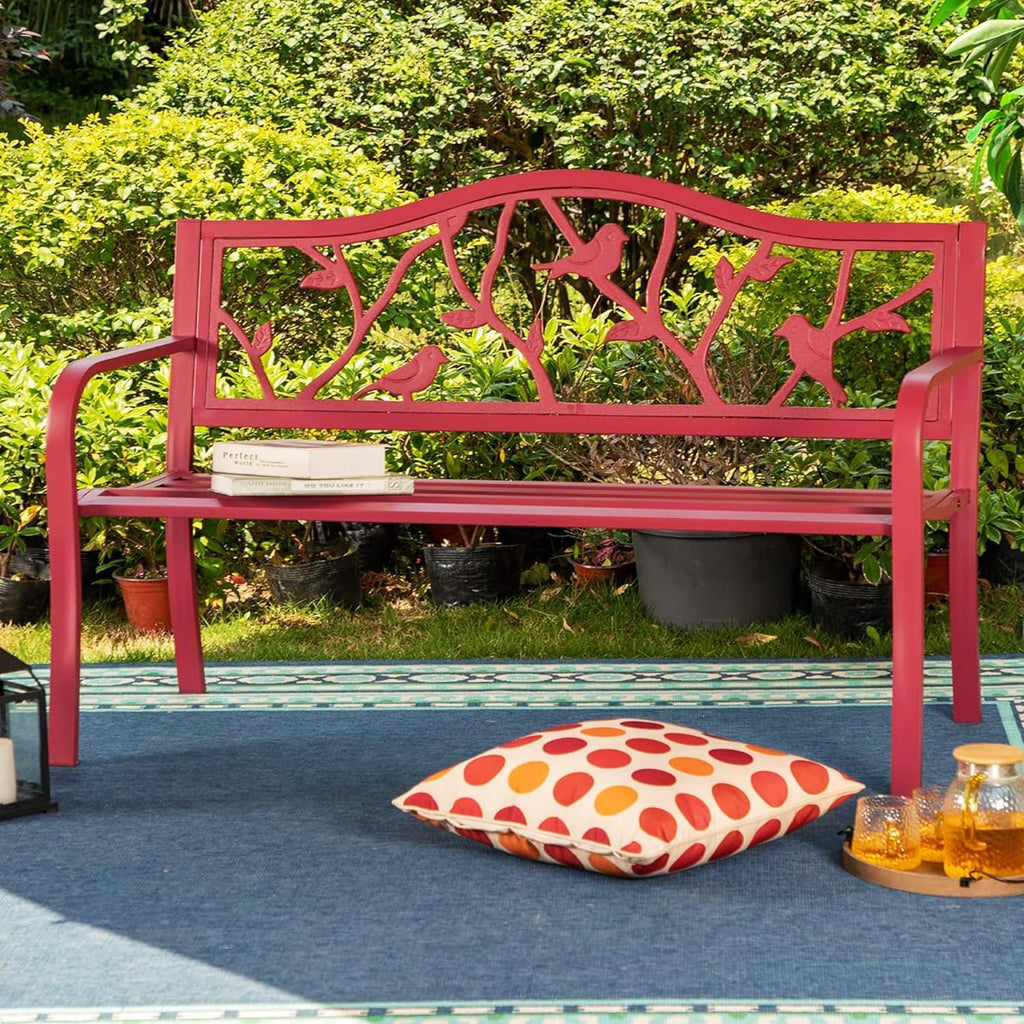 PHI VILLA Outdoor Patio 50' Metal Park Bench Red, Steel Frame Bench with Backrest and Armrests for Porch, Patio, Garden, Lawn, Balcony, Red Bird