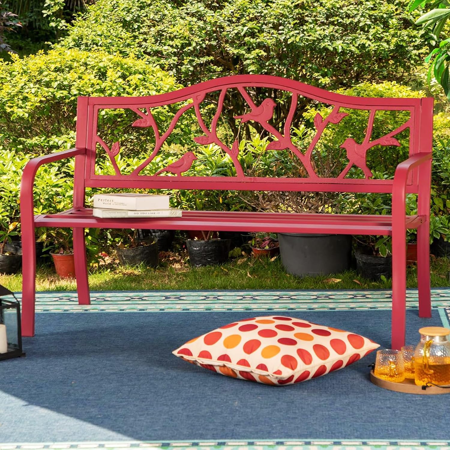 PHI VILLA Outdoor Patio 50' Metal Park Bench Red, Steel Frame Bench with Backrest and Armrests for Porch, Patio, Garden, Lawn, Balcony, Red Bird