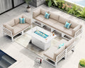 NICESOUL 9 Piece L-Shaped Contemporary Aluminum Outdoor Furniture Set with Firepit, 29' Deep Wide Large Couch Set, 500 lbs High Weight Capacity Modular Patio Sectional Sofa for Garden Terrace, Beige