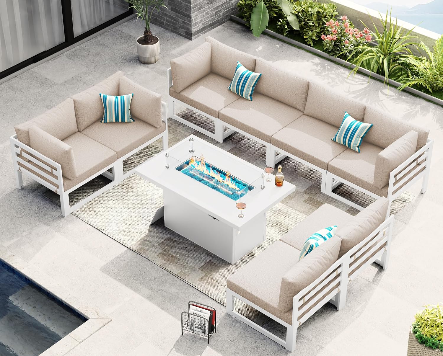 NICESOUL 9 Piece L-Shaped Contemporary Aluminum Outdoor Furniture Set with Firepit, 29' Deep Wide Large Couch Set, 500 lbs High Weight Capacity Modular Patio Sectional Sofa for Garden Terrace, Beige