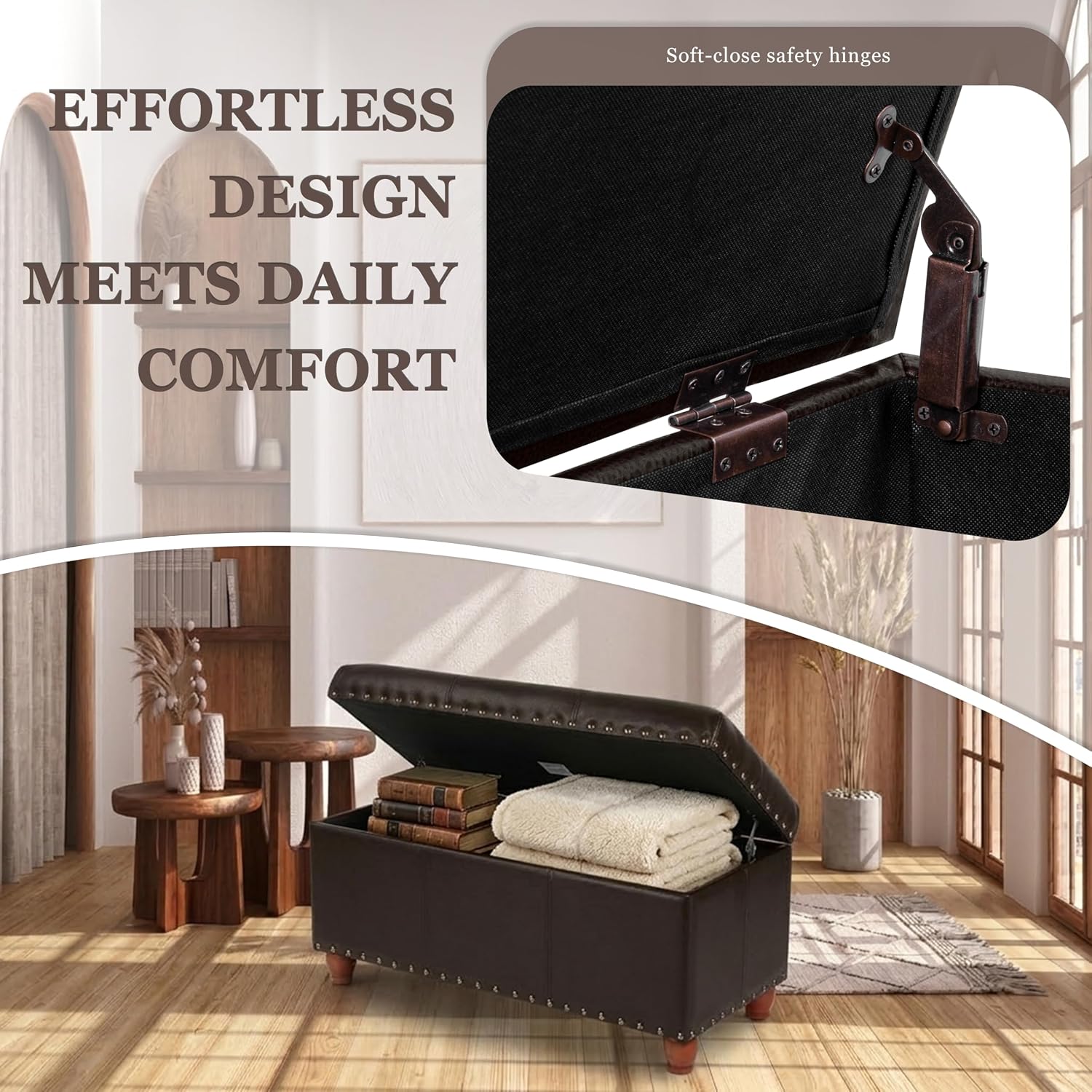 HomePop Espresso Faux Leather Storage Cocktail Bench with Nailhead Trim