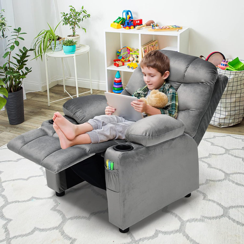 MAT EXPERT Kids Recliner, Velvet Adjustable Reading Chair w/ 2 Cup Holder, 3 Side Pocket Storage & Footrest, Kids Couch Gaming Chair, Toddler Lounge Chair for Boys Girls, Kids Room Playroom (Grey)