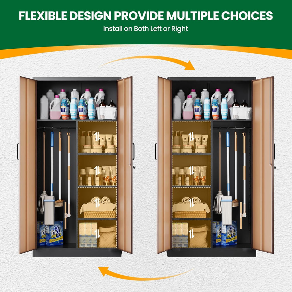 Broom Closet Storage Cabinet with Lock, Metal Garage Storage Cabinet with Doors and Shelves, Steel Wardrobe Cabinet with Hanging Rod, Utility Cabinets Closet for Kitchen, Office, Shop, Warehouse