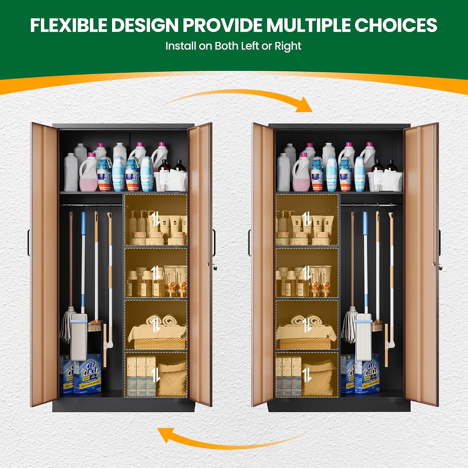Broom Closet Storage Cabinet with Lock, Metal Garage Storage Cabinet with Doors and Shelves, Steel Wardrobe Cabinet with Hanging Rod, Utility Cabinets Closet for Kitchen, Office, Shop, Warehouse